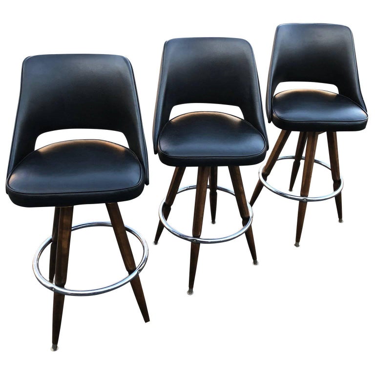 Set of Three Black Faux-Leather Bar Stools at 1stDibs