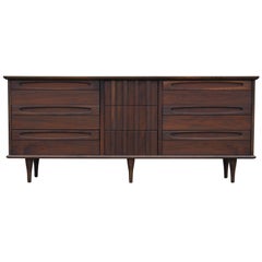 Modern American of Martinsville Style Walnut Nine Drawer Dresser w/ Tapered Legs