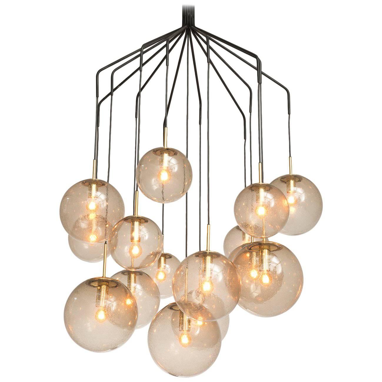Large 'Spider' Chandelier with 15 Spheres in Smoked Glass and Brass