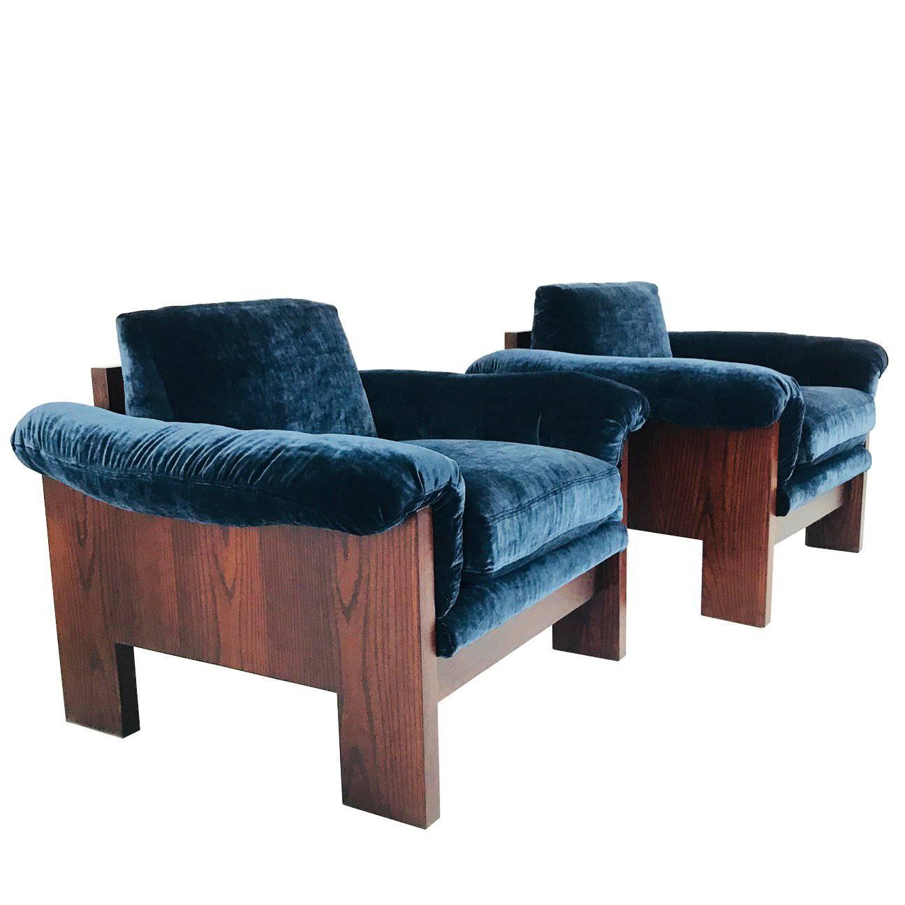 Pair of Milo Baughman Rosewood Lounge Chairs in Velvet