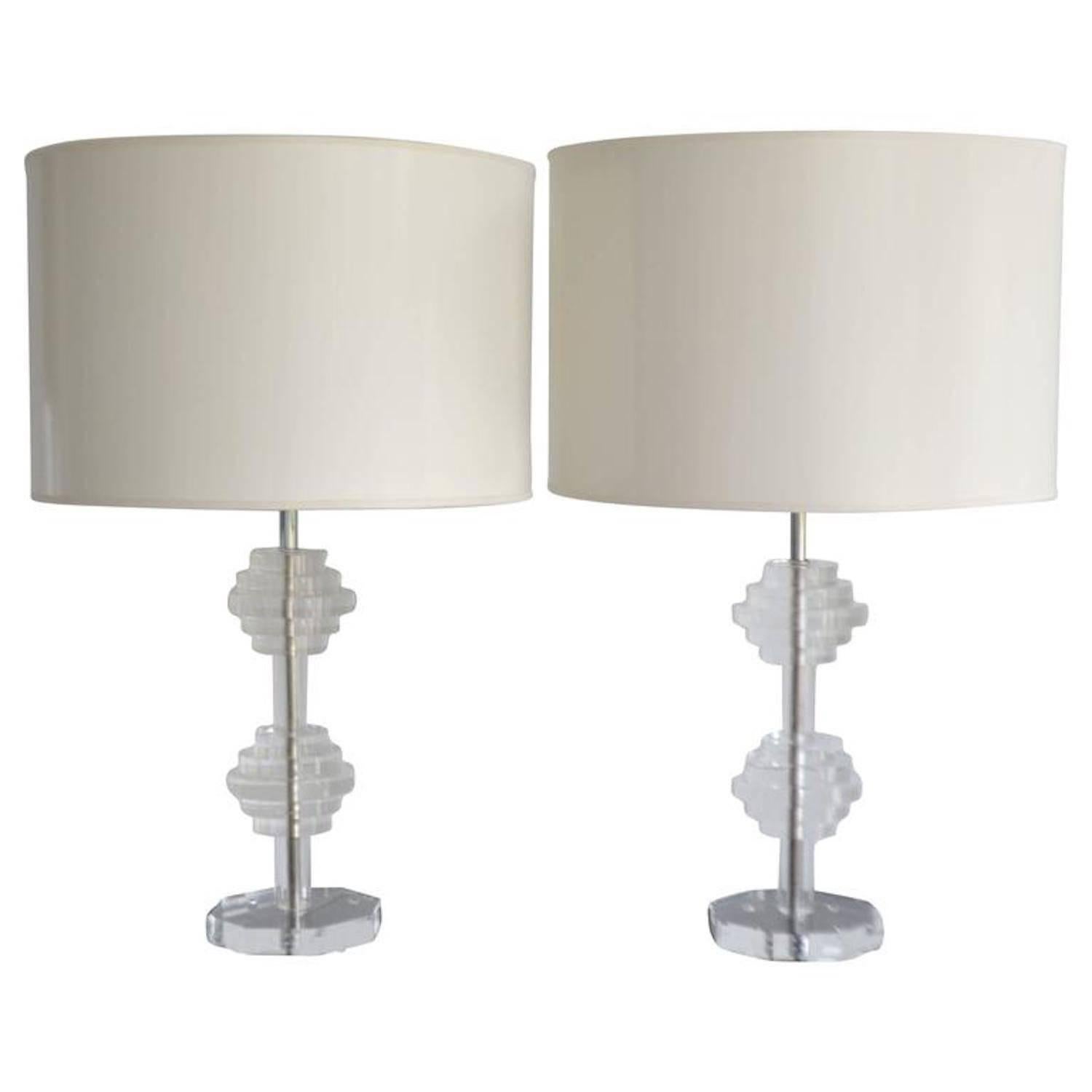 Pair of Midcentury Stacked Lucite Table Lamps For Sale