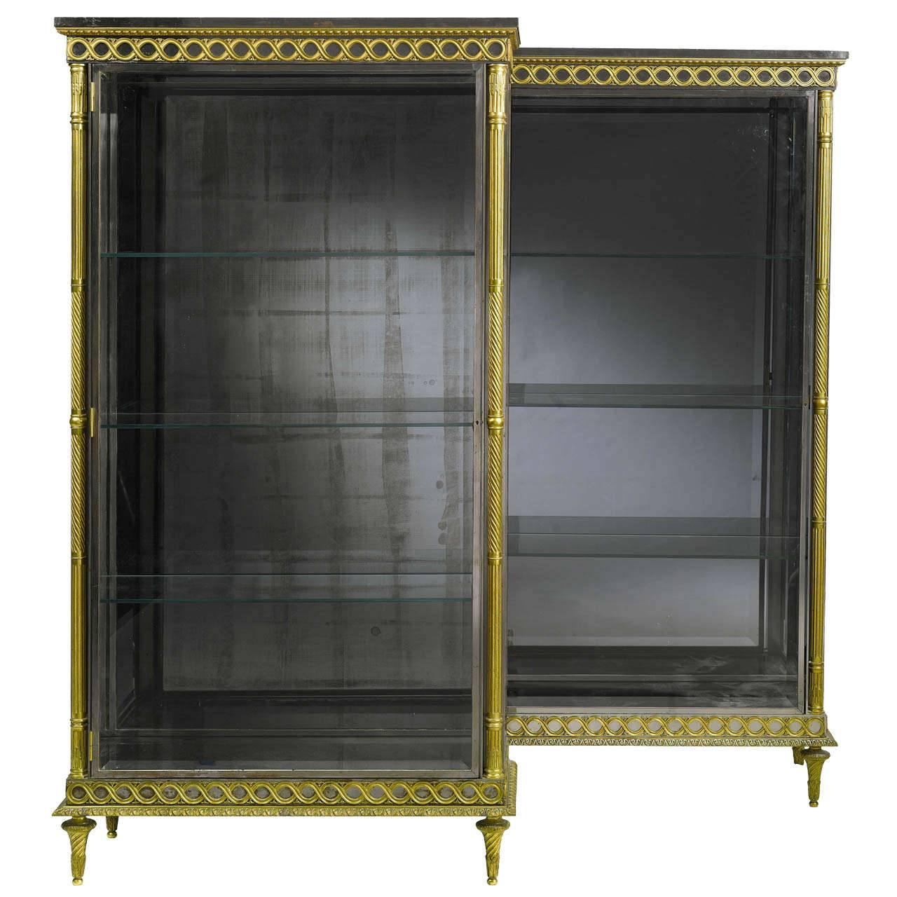 Pair of French Louis XVI Style Bronze and Polished Steel Vitrines Biblioteques