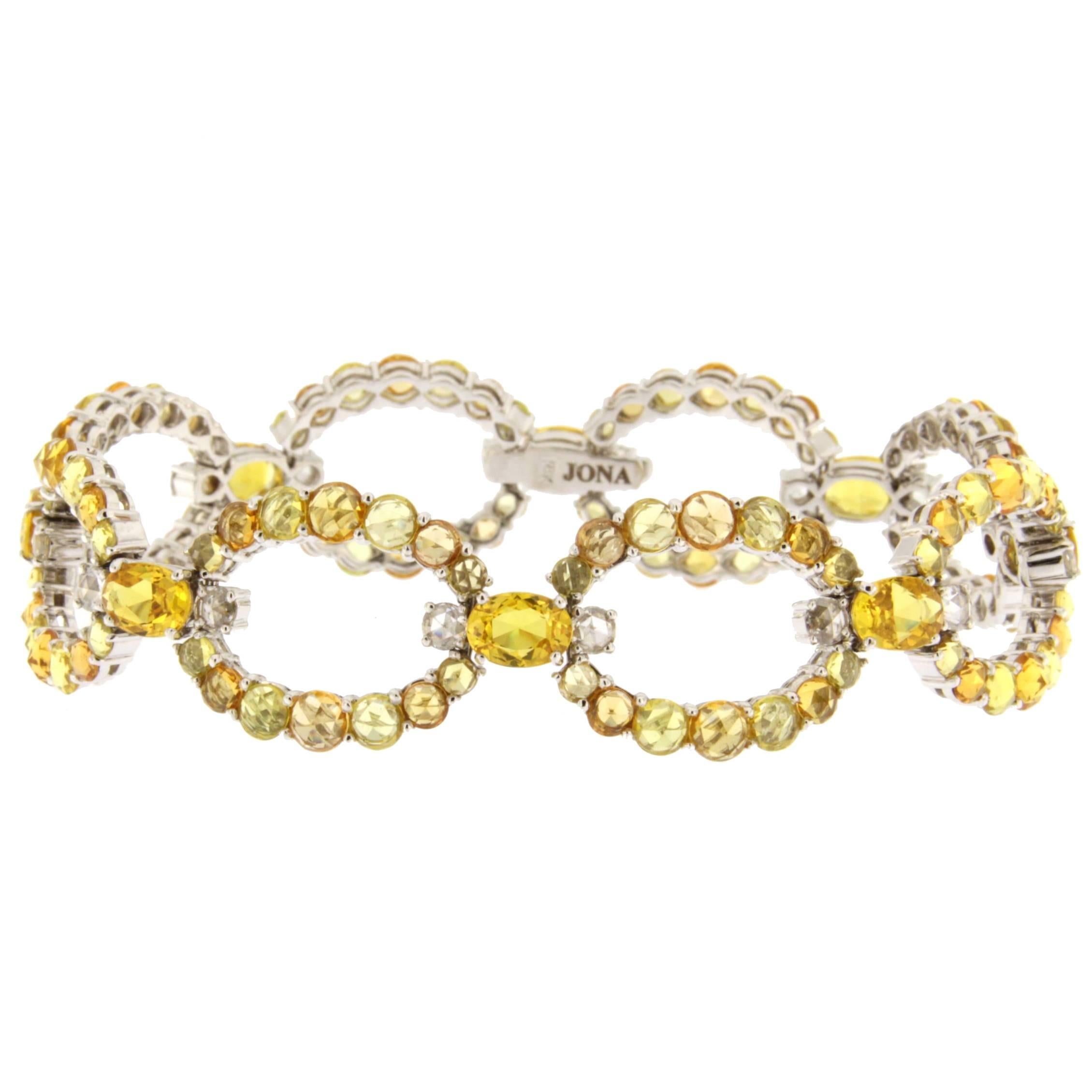 Jona Yellow and Orange Sapphire White Diamond 18 Karat White Gold Link Bracelet