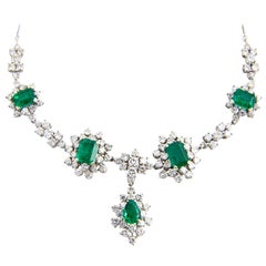 Vintage 1950s Zambian Emerald, Diamond and Gold Necklace, Red Carpet Style GIA Cert