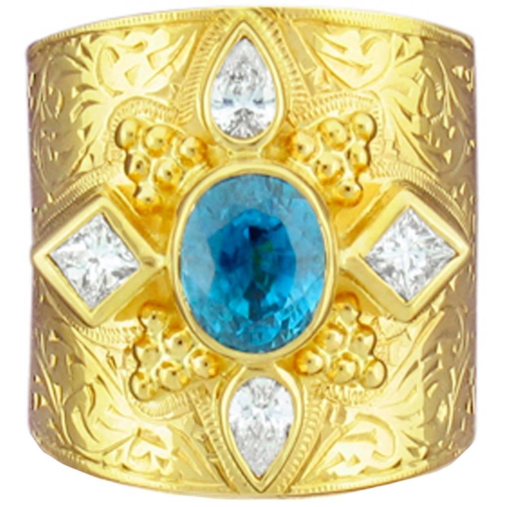 Paula Crevoshay Blue Zircon Diamond Gold  Band Ring
