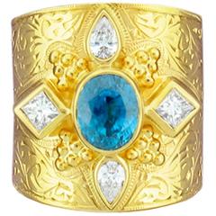 Paula Crevoshay Blue Zircon Diamond Gold Band Ring 11