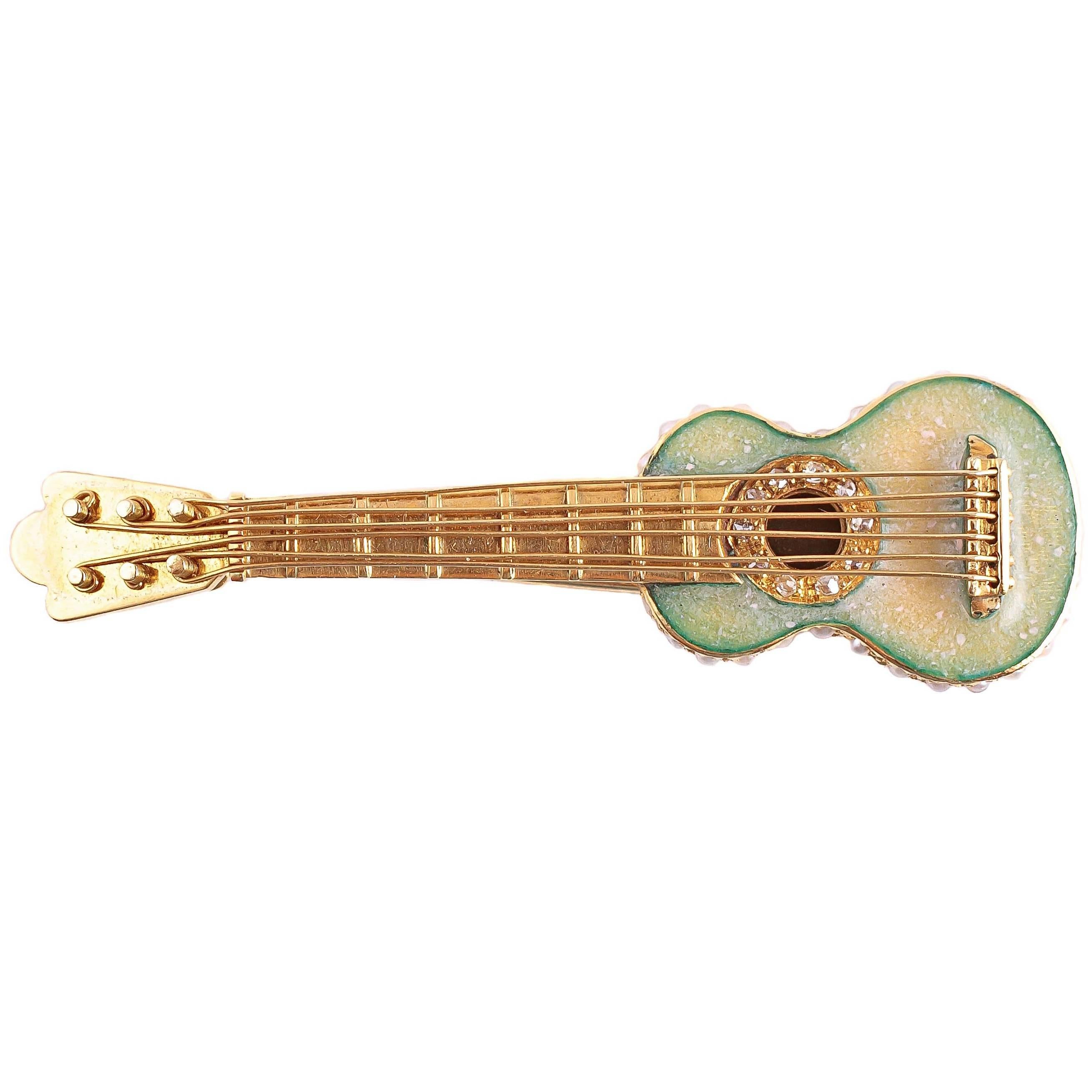 Early 20th Century Enamel Seed Pearl Gold Guitar Pin