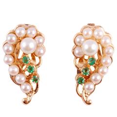 Cultured Pearl Emerald Gold Earrings