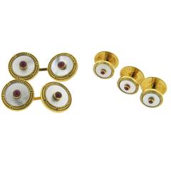 Deakin & Francis Mother of Pearl Ruby Gold Cufflinks Stud Set 