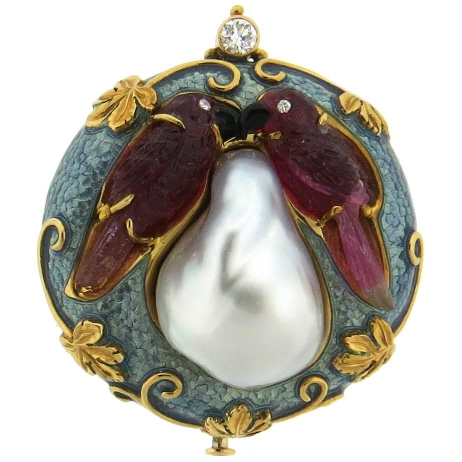 Exquisite Elizabeth Gage Carved Gemstone Pearl Enamel Diamond Gold Brooch 
