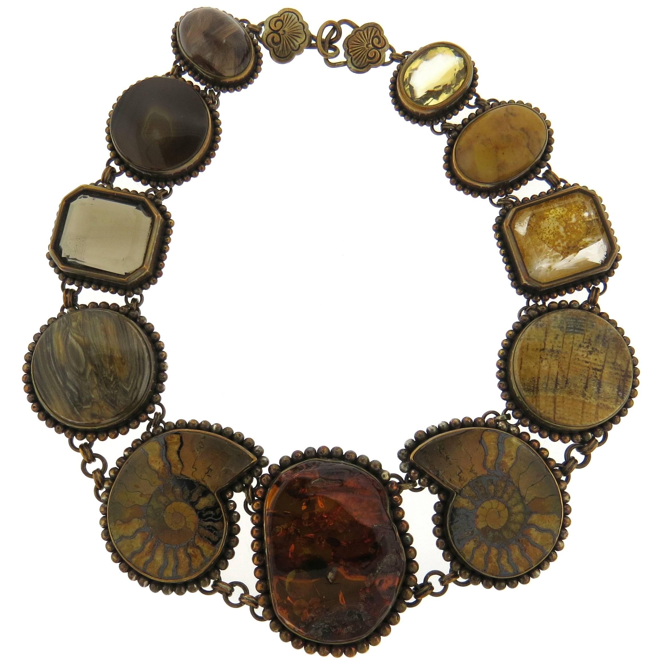 Large Stephen Dweck Bronze Multi Color Gemstone Fossil Necklace 