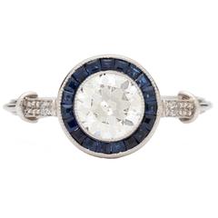 .95 Carat Old European Diamond Sapphire Platinum Ring