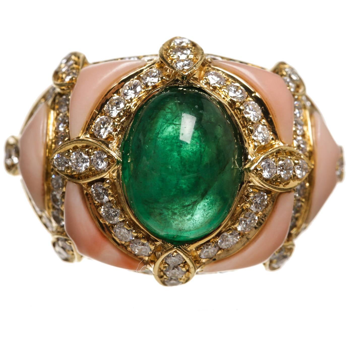 Yellow Gold Coral Cabochon Emerald Diamond Ring  For Sale