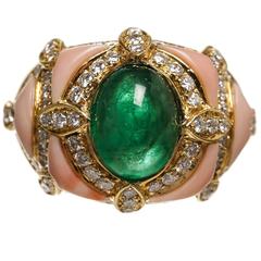 Yellow Gold Coral Cabochon Emerald Diamond Ring 