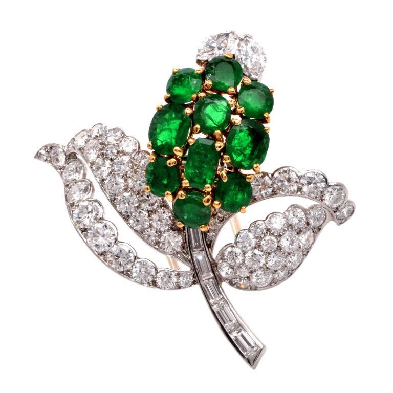 1960s Cartier Emerald Diamond Gold Platinum Floral Brooch