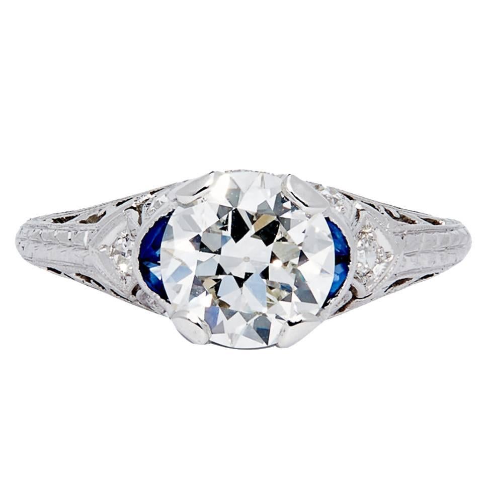 Art Deco GIA Certified 1.47 Carat Sapphire Diamond Platinum Ring