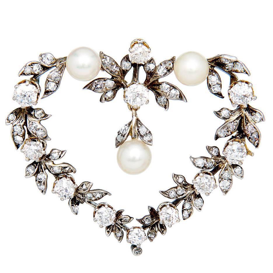Victorian Heart Shaped 2.32 Carat Diamond Pearl Gold Pendant