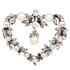 Antique Victorian Heart Shaped 2.32 Carat Diamond Pearl Gold Pendant