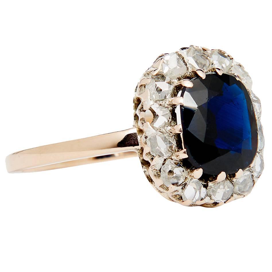 Antique 2.85 Carat Sapphire Rose Cut Diamond Gold Engagement Ring