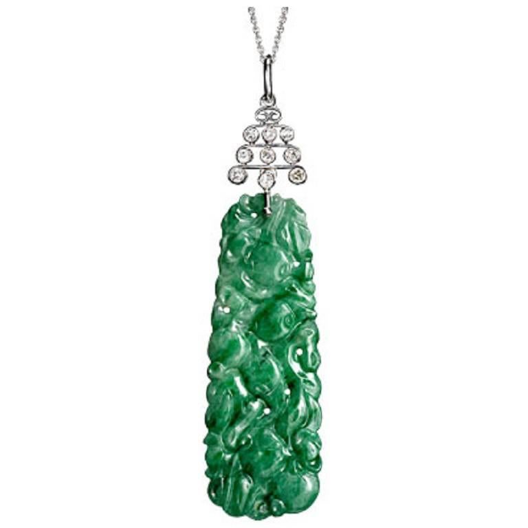 art deco Carved jade  diamond drop pendant