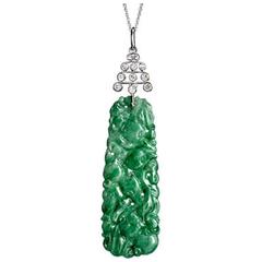 art deco Carved jade  diamond drop pendant