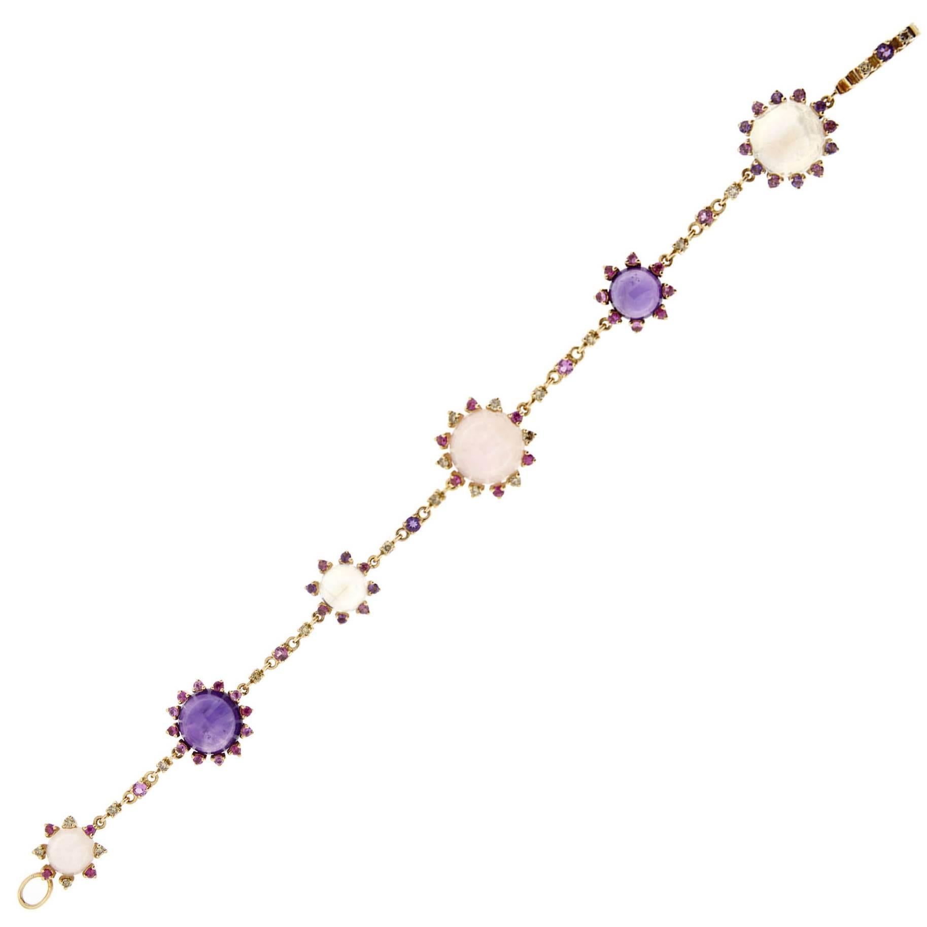 Jona Pink Sapphire Amethyst Rose Quartz Moonstone Diamond Gold Link Bracelet