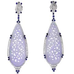Blue Sapphire Lavender Jade Diamonds Gold Earrings