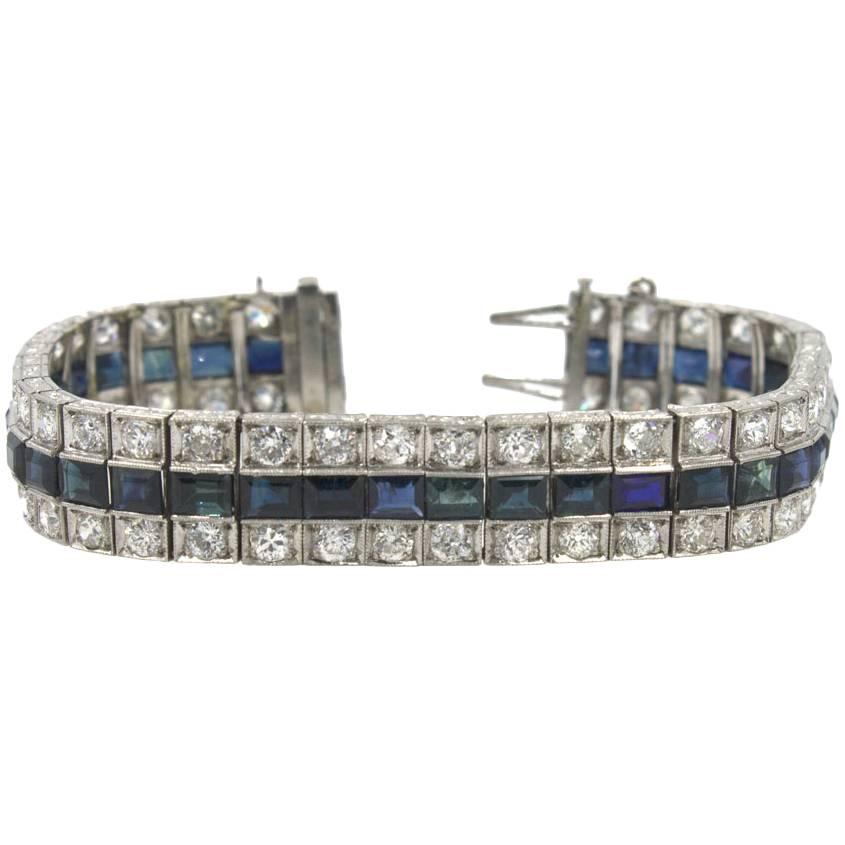 Art Deco Three-Row Natural Sapphire Diamond Platinum Line Bracelet