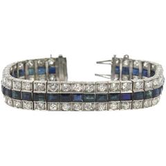 Art Deco Three Row Natural Sapphire Diamond Platinum Line Bracelet 5