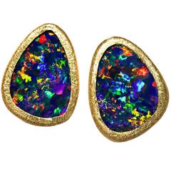 Devta Doolan Vibrant Red Fire Blue Violet Opal Doublet Gold Stud Earrings