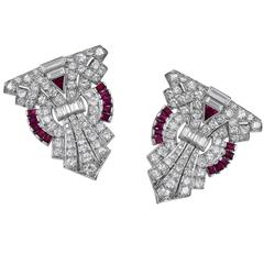 Art Deco Ruby Diamond Platinum Dress Clips