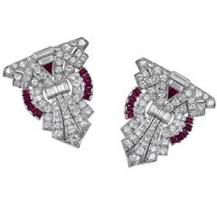 Vintage Art Deco Ruby Diamond Platinum Dress Clips