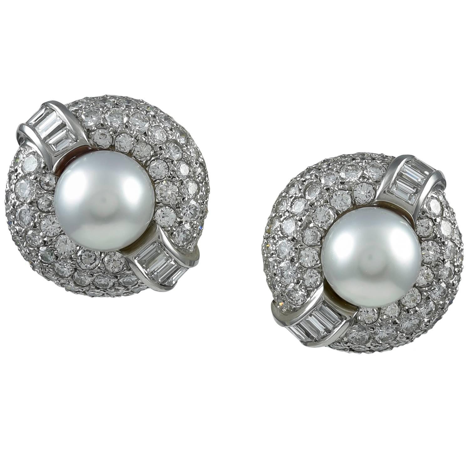 Cultured Pearl Diamond Platinum Button Earclips For Sale