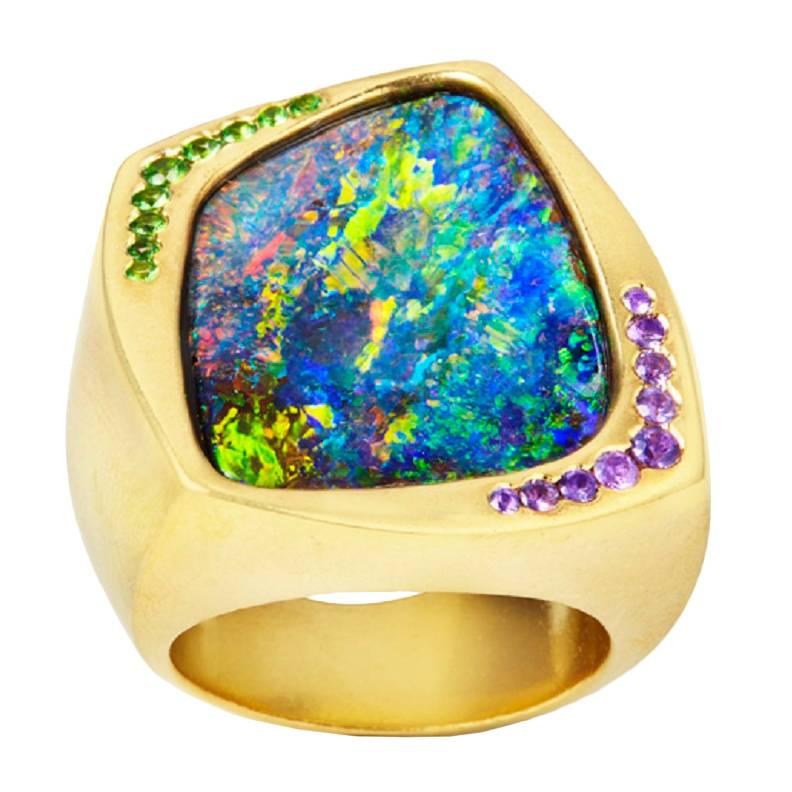 Bold and Contemporary Boulder Opal Sapphire Gold Ring For Sale