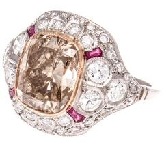 5.16 Carat Brownish Yellow Cushion Cut Diamond Ruby Platinum Ring