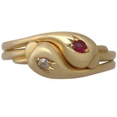 Antique 1900s Ruby and Diamond, 18k Yellow Gold 'Snake' Dress Ring 4