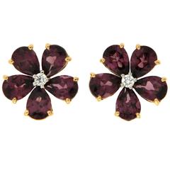 Pear Shape Rhodolite Garnet Diamond Gold Earrings 8