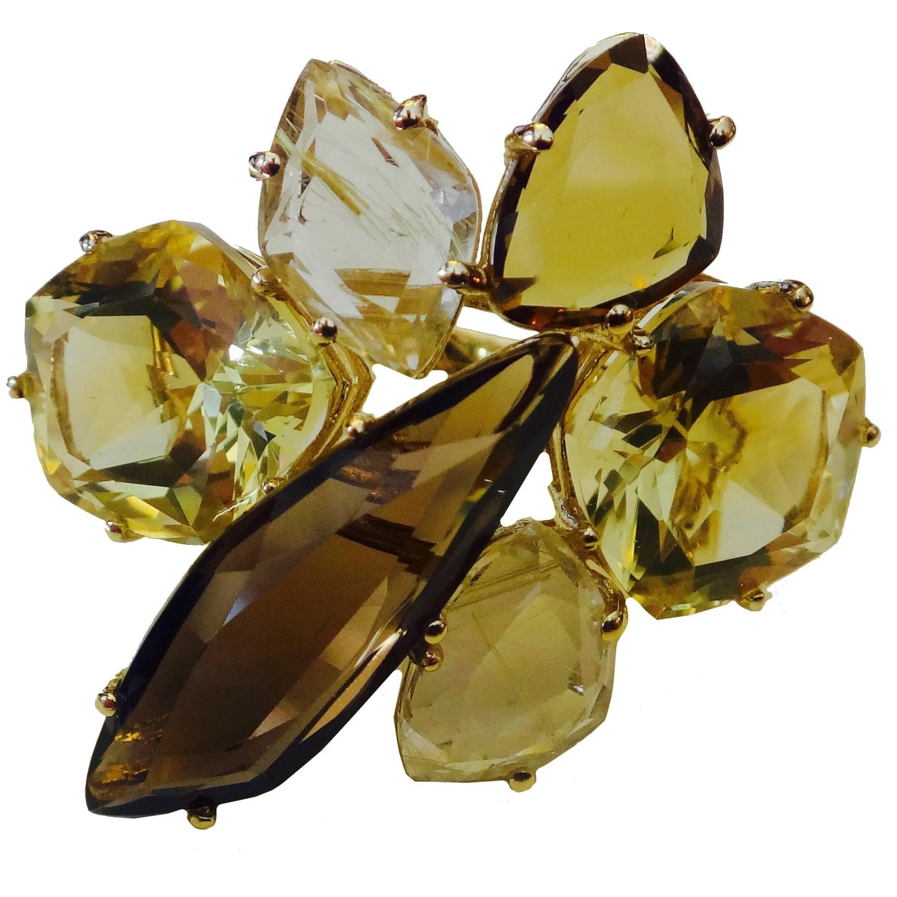 Michael Kneebone Smokey Quartz Lemon Citrine Rutilated Quartz Gold Cluster Ring