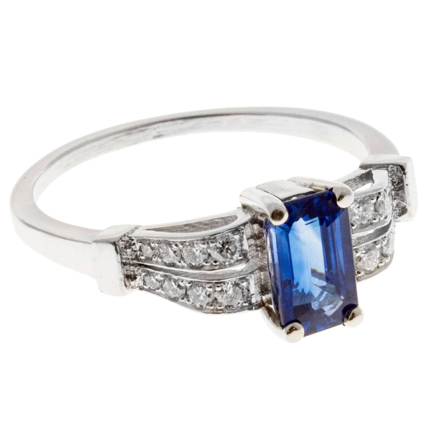 Art Deco Cornflower Blue Sapphire Diamond Platinum Gold Engagement Ring