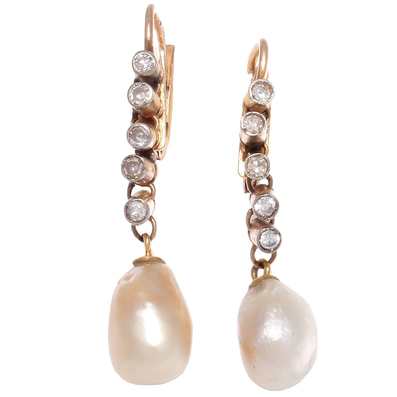 Victorian Natural Pearl Diamond Gold Earrings