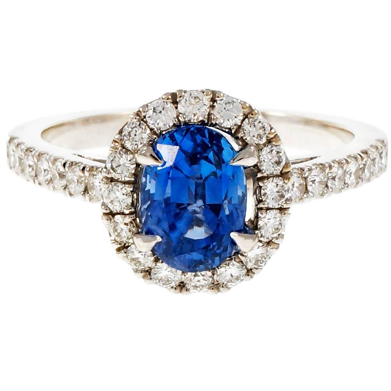 Peter Suchy 1.77 Carat Oval Sapphire Diamond Halo Gold Engagement Ring For Sale
