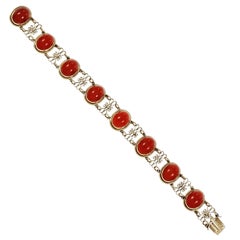 Oval Orange Red Natural Coral Gold Bracelet 