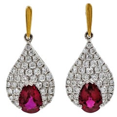 GIA Certified 1.20 Pear Red Ruby Diamond Gold Dangle Earrings 