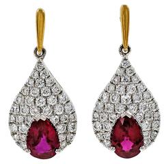 Pear Red Ruby Diamond Gold Dangle Earrings 9