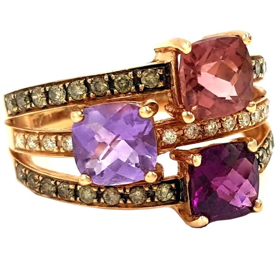 Signed LeVian 14kt Rose Gold 3.00ctw Amethyst .75 Carat of Diamond Cocktail Ring For Sale