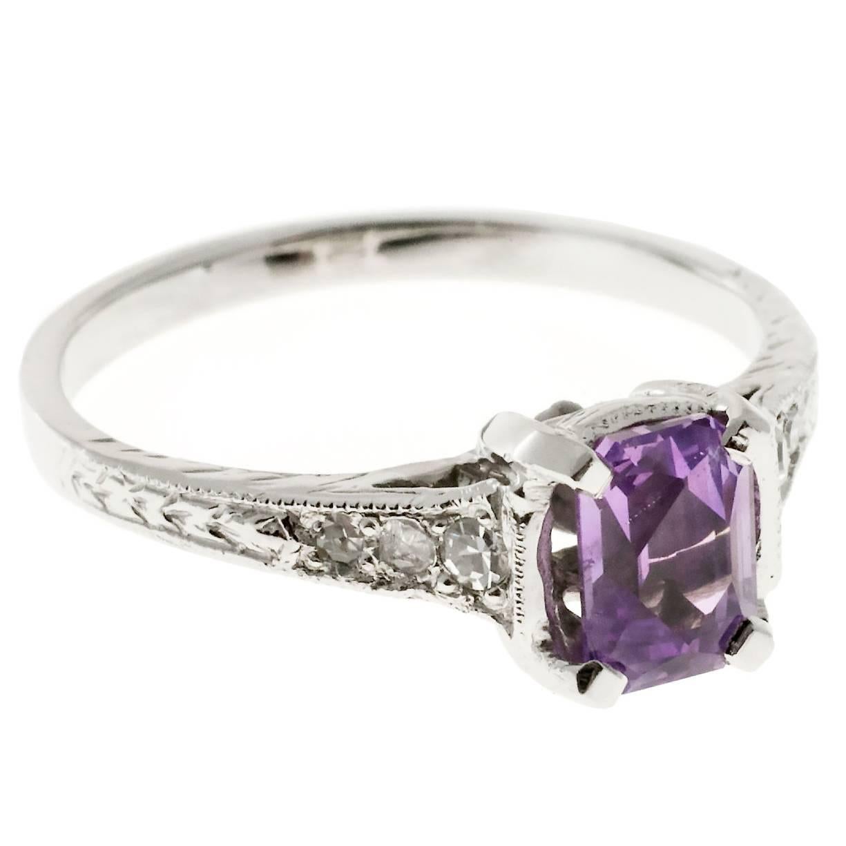 Art Deco Pink Purple Sapphire Diamond Platinum Engagement Ring