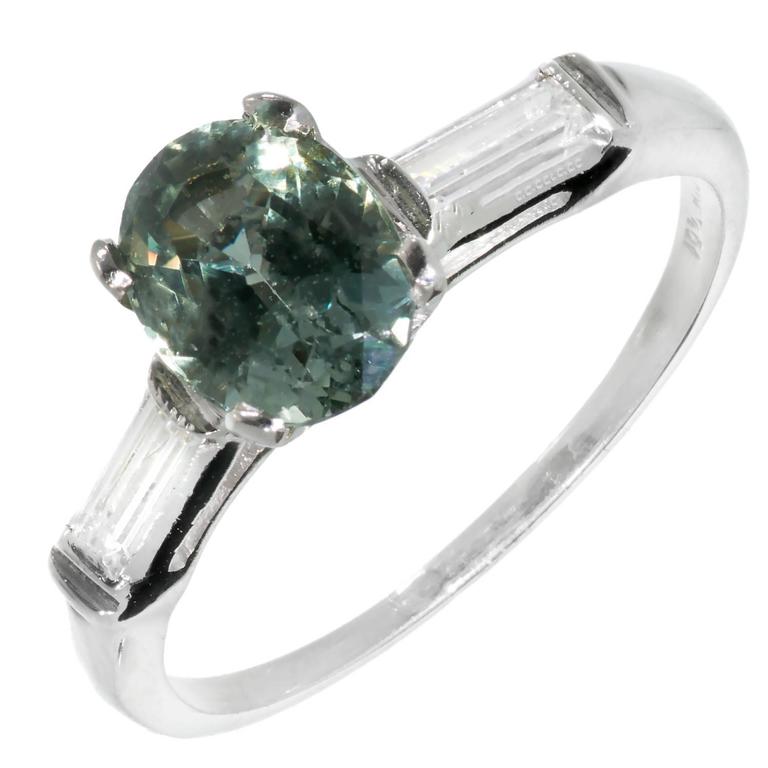 Natural Green Sapphire Diamond ThreeStone Platinum Engagement Ring For