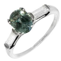 Natural Green Sapphire Diamond Three-Stone Platinum Engagement Ring 6