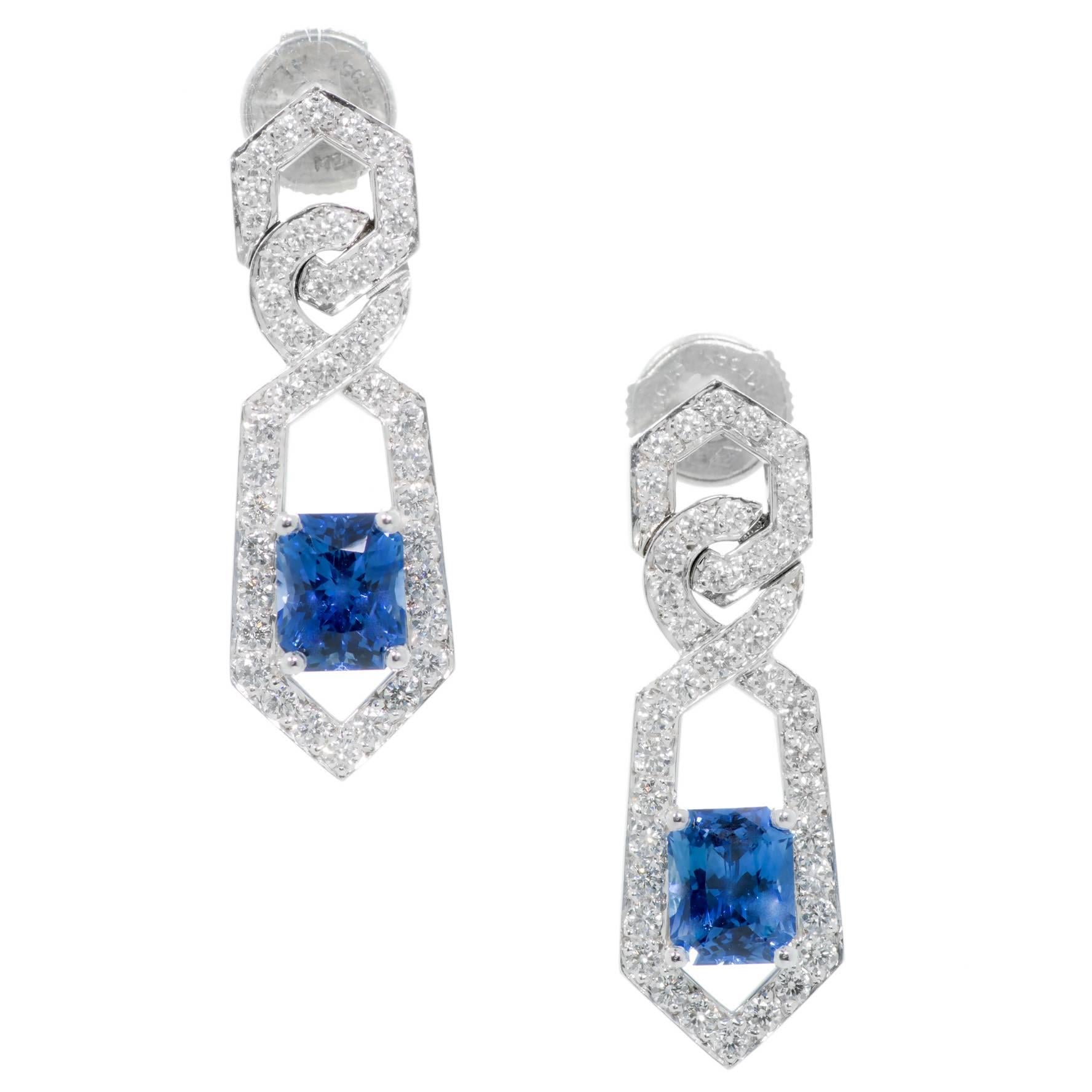 Peter Suchy Octagonal Blue Sapphire Diamond Dangle Platinum Earrings 