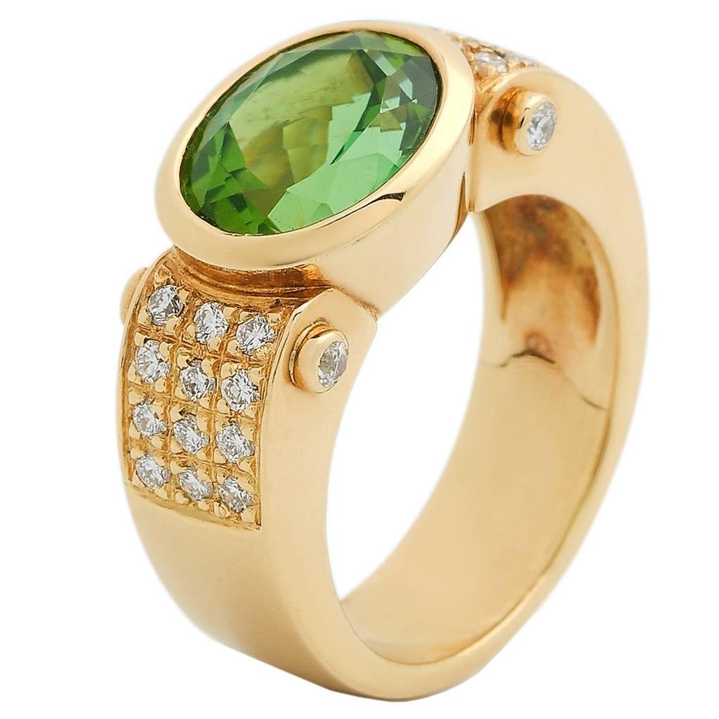 Green Tourmaline Diamonds Gold Ring For Sale